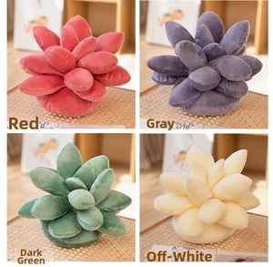 Detailed grid view of plush succulent pillows in red, grey, dark green and cream white