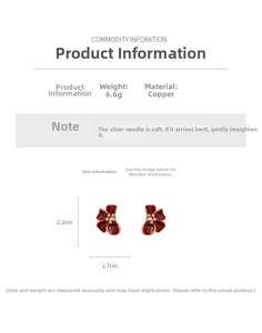 Detail showing dimensions of red enamel flower earrings in copper and silver material