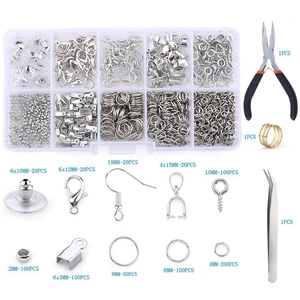 Detail view of silver jewelry making kit with pliers tweezers and findings set