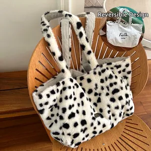 Reversible plush cow print tote bag with soft texture and large capacity for women
