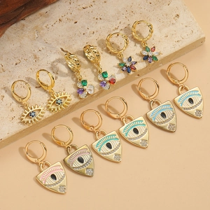 Bohemian Evil Eye Triangle Drop Earrings For Women Copper Zirconia Enamel Geometric Flower Clover Hoop Earrings Jewelry Gift