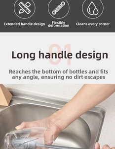 Detail of long handle silicone brush cleaning the bottom of a glass for deep containers