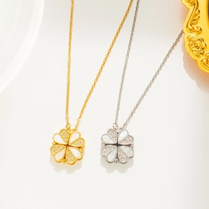 Versatile magnetic clover and heart necklace with shell inlay in gold and silver finish