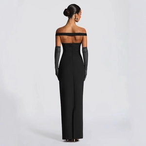 Elegant backless strapless black long dress with matching gloves for evening wear