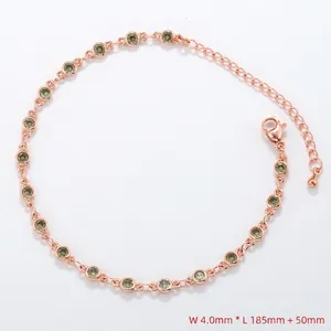 Detail of rose gold bracelet with green zircons, showing width 4.0mm and length dimensions
