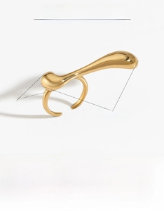Detailed view of irregular wavy golden stainless steel ring with size specifications