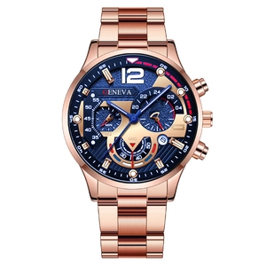 Men's Geneva quartz watch with rose gold steel band and multifunctional blue dial