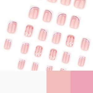 Short square pink gradient press-on nails with French tips and white vine nail art
