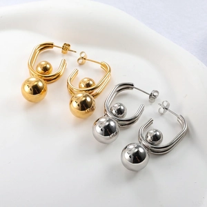 Minimalist stainless steel U-shape earrings with gold and silver ball pendants