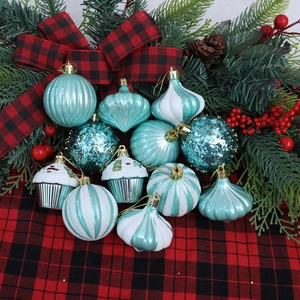 12-piece turquoise and white Christmas ball ornaments in varied shapes for tree decor