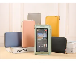 Multiple colorful PU leather phone bags with touchscreen window and zipper closure