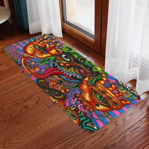 Psychedelic monster eye art flannel runner rug on brown wood floor for living room decor