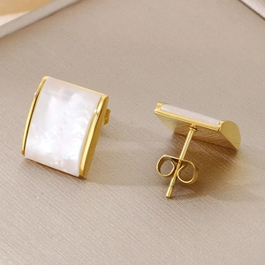 Elegant gold square stud earrings with white mother of pearl inlay for women