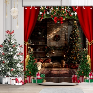 Detail of Christmas shower curtain featuring fireplace, tree, and red curtain design