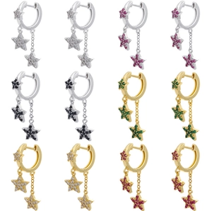 Fashion Star Tassel Hoop Earrings Colorful Zirconia Inlaid Copper Gold Silver Plated Dangle Earrings For Women Jewelry