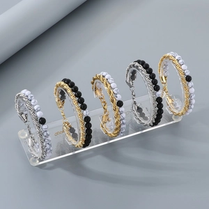 Men Double Layer Bracelet Stainless Steel Twist Rope Chain Black Agate White Howlite Beaded Layered Jewelry