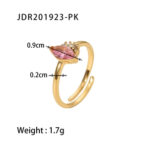 Adjustable 18K gold-plated stainless steel ring with pink marquise zircon and crystal
