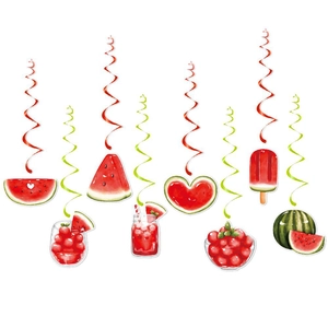 Vibrant watercolor watermelon swirl decorations and fruit hanging ornaments for summer parties