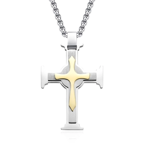 Three-layer cross pendant necklace for men in silver and gold stainless steel