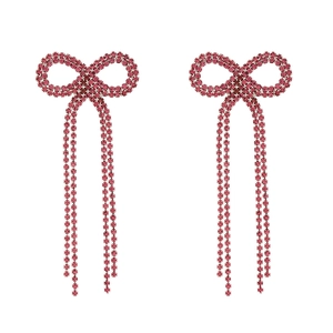 Élégantes boucles d'oreilles nœud rose avec strass et pompons pour femmes