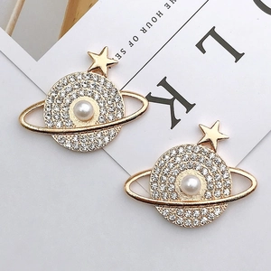 Detailed close-up of golden Saturn earrings featuring white pearls and sparkling rhinestones