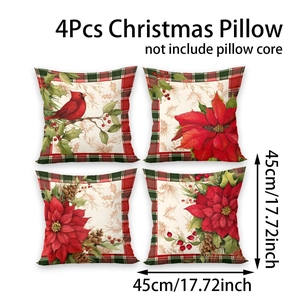 Set of 4 Christmas pillow covers with red birds, poinsettias and plaid edges 45x45cm