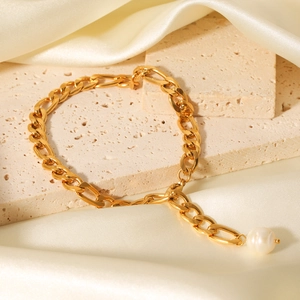 Anklet Gold Plated Stainless Steel Figaro Chain Baroque Freshwater Pearl Pendant Elegant Fashion Accessory For Women