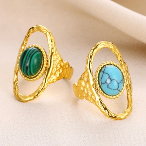 Bagues ajustables en acier doré avec malachite et turquoise en forme de soleil