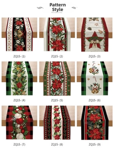 Detail view of nine Christmas table runner patterns including poinsettia and pine cones