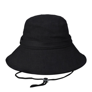 Black cotton linen sun hat with wide brim and adjustable drawstring for women