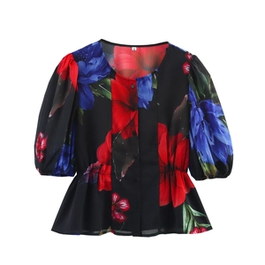 Women Floral Chiffon Blouse Elegant Round Neck Button Up Short Puff Sleeve Cinched Waist Peplum Top Sweet Vintage Shirt