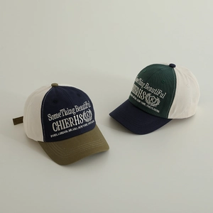 Vintage kids color-block baseball caps with premium embroidered lettering and curved brim