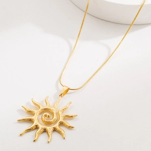 Vintage golden titanium steel sunflower pendant necklace with hammered texture finish