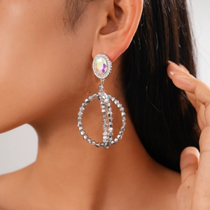 Silver geometric earrings with rainbow rhinestones and beaded double hoops for women