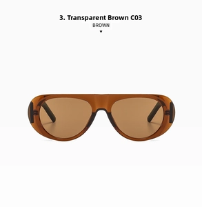 Close-up of stylish brown transparent pilot sunglasses with flat top frame design