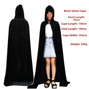 Size chart for black velvet hooded cloak showing 150cm length and 165cm width dimensions