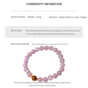 Macro detail of kunzite purple beaded bracelet with 18cm length and copper accents