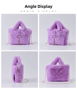 Four-angle view of a purple faux rabbit fur handbag with gold deer emblem and chain strap