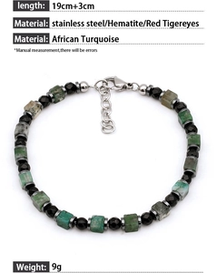 Detail view of African turquoise beaded bracelet with size specs 19cm+3cm and lobster clasp