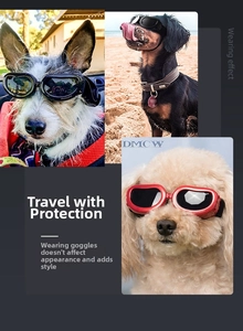 Detail showing various colors of UV protective pet goggles with adjustable elastic straps