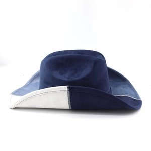 Detail of navy blue and white suede cowboy hat with contrast stitching and fedora crown