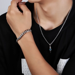 Titanium Steel Necklace And Bracelet Geometric Alloy Pendant Blue Gemstone Retro Punk Style For Men