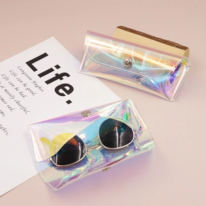 Iridescent laser PVC sunglass pouch with metal snap closure for portable eyewear storage