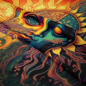 Macro detail of psychedelic sun tapestry showing premium woven texture and vibrant orange hues