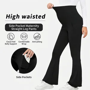 Maternity Yoga Flare Pants High Waisted Belly Support Side Pockets Elastic Breathable Workout Pants For Pregnant Women