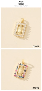 Detail of gold-plated Our Lady of Guadalupe pendants with white and colorful cubic zirconia