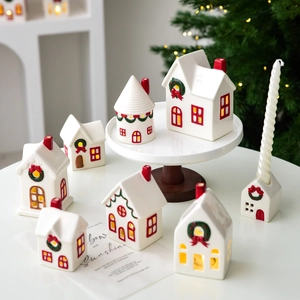 Christmas ceramic snow house candle holder set with red and green holiday decor
