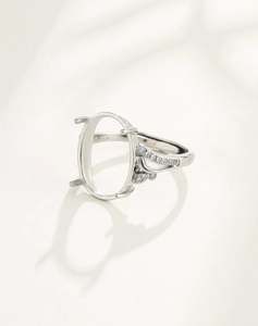 Macro view of S925 sterling silver ring mount with oval setting and micro-pave detailing