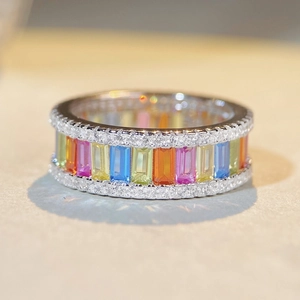Macro shot of S925 silver rainbow ring featuring colorful rectangular zircon stones