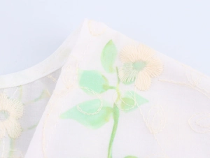 Detail of white cotton dress fabric with floral embroidery and green leaf print
